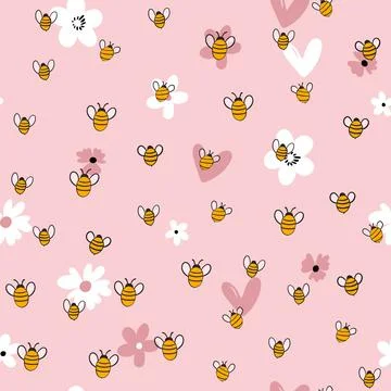 Seamless pattern with bees and hearts on color background. Small wasp. Vector Stockillustratie