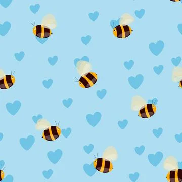 Seamless pattern with bees and hearts on color background. Small wasp. Vector イラスト素材