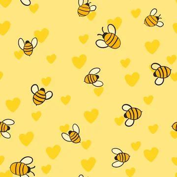 Seamless pattern with bees and hearts on color background. Small wasp. Vector イラスト素材