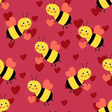 Seamless pattern with bees and hearts on color background. Small wasp. Vector Stockillustratie