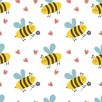 Seamless pattern with bees and hearts. World Bee Day. For textile, canvas, .. Stock Illustration