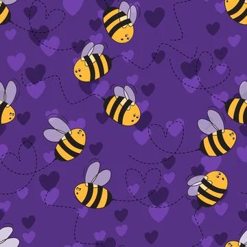 Seamless pattern with bees and hearts on color background. Small wasp. Vector Stock Illustration