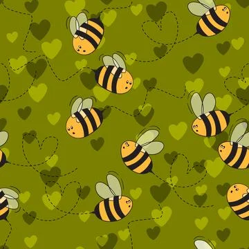 Seamless pattern with bees and hearts on color background. Small wasp. Vector Stock Illustration