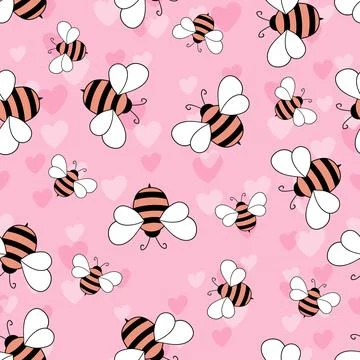 Seamless pattern with bees and hearts on color background. Small wasp. Vector Stock Illustration