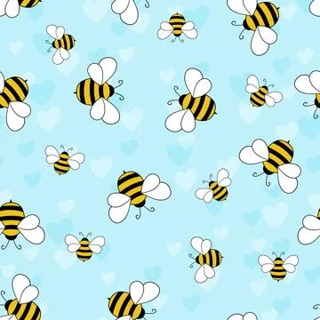 Seamless pattern with bees and hearts on color background. Small wasp. Vector 스톡 일러스트