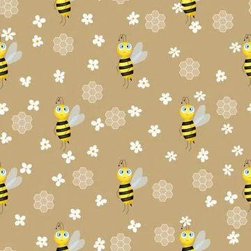 Seamless pattern with bees and honeycombs on brown background. Small wasp Stock Illustration