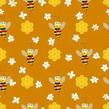 Seamless pattern with bees and honeycombs on brown background. Small wasp Stock Illustration