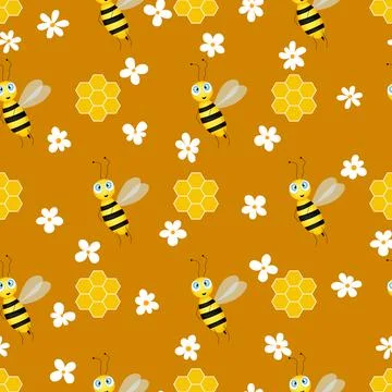 Seamless pattern with bees and honeycombs on brown background. Small wasp イラスト素材