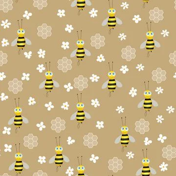 Seamless pattern with bees and honeycombs on brown background. Small wasp Stock Illustration