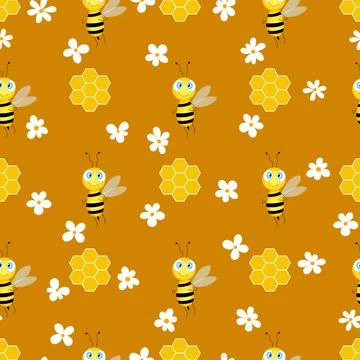 Seamless pattern with bees and honeycombs on brown background. Small wasp 库存插图