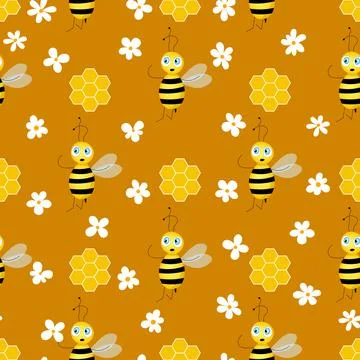 Seamless pattern with bees and honeycombs on brown background. Small wasp Stock Illustration
