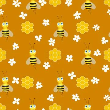 Seamless pattern with bees and honeycombs on brown background. Small wasp Stock Illustration