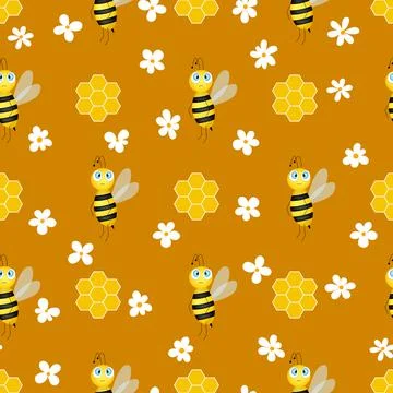 Seamless pattern with bees and honeycombs on brown background. Small wasp Stock Illustration