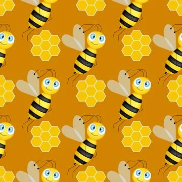 Seamless pattern with bees and honeycombs on brown background. Small wasp Illustrazione stock