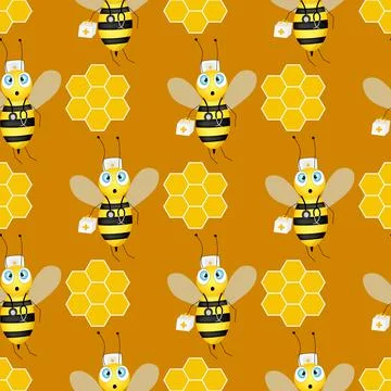 Seamless pattern with bees and honeycombs on brown background. Small wasp 库存插图