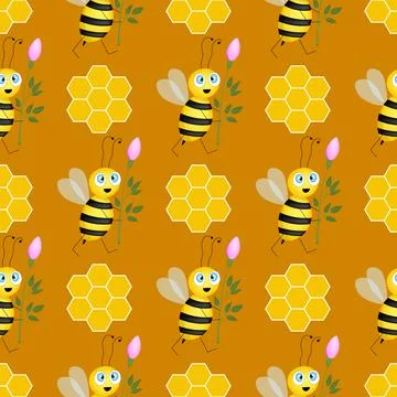 Seamless pattern with bees and honeycombs on brown background. Small wasp Stock Illustration