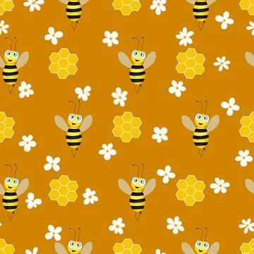 Seamless pattern with bees and honeycombs on brown background. Small wasp Stock Illustration