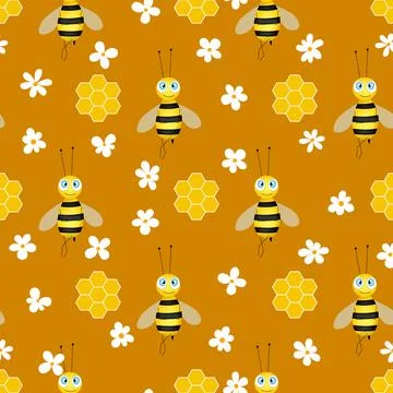 Seamless pattern with bees and honeycombs on brown background. Small wasp Stock Illustration