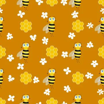 Seamless pattern with bees and honeycombs on brown background. Small wasp イラスト素材