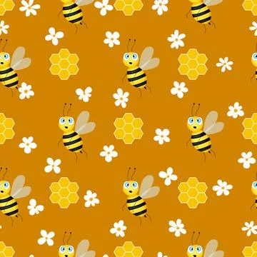 Seamless pattern with bees and honeycombs on brown background. Small wasp Stock Illustration