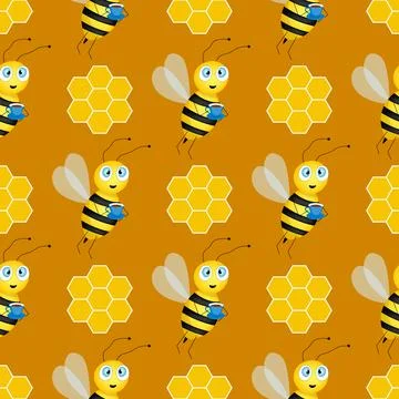 Seamless pattern with bees and honeycombs on brown background. Small wasp Stock Illustration