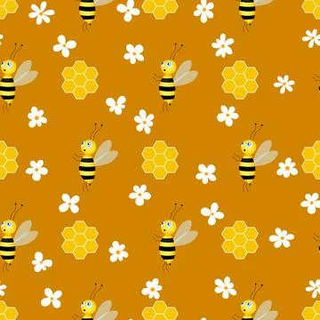 Seamless pattern with bees and honeycombs on brown background. Small wasp Stock Illustration