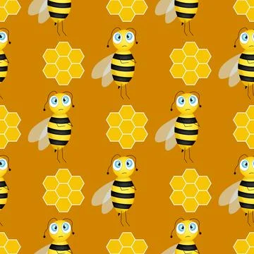 Seamless pattern with bees and honeycombs on brown background. Small wasp 库存插图