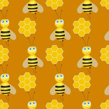 Seamless pattern with bees and honeycombs on brown background. Small wasp Stock Illustration