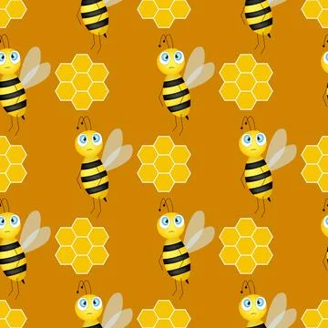 Seamless pattern with bees and honeycombs on brown background. Small wasp Stock Illustration