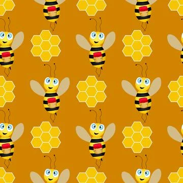 Seamless pattern with bees and honeycombs on brown background. Small wasp Stock Illustration