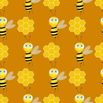 Seamless pattern with bees and honeycombs on brown background. Small wasp Stock Illustration