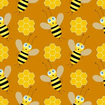 Seamless pattern with bees and honeycombs on brown background. Small wasp 库存插图
