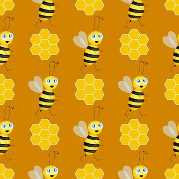 Seamless pattern with bees and honeycombs on brown background. Small wasp 库存插图