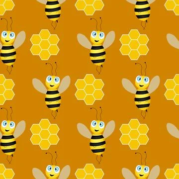 Seamless pattern with bees and honeycombs on brown background. Small wasp 库存插图