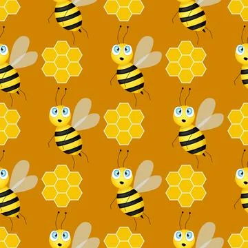Seamless pattern with bees and honeycombs on brown background. Small wasp Stock Illustration