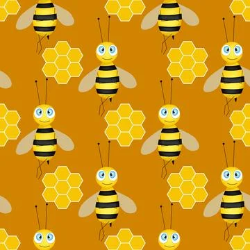 Seamless pattern with bees and honeycombs on brown background. Small wasp Stock Illustration