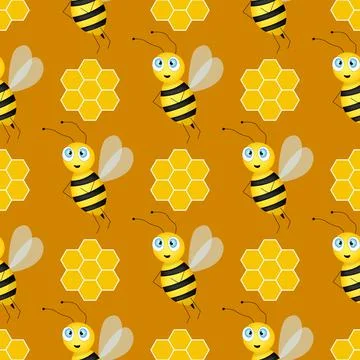 Seamless pattern with bees and honeycombs on brown background. Small wasp Stock Illustration