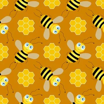 Seamless pattern with bees and honeycombs on brown background. Small wasp Stock Illustration