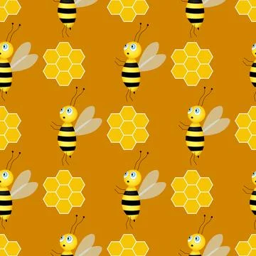 Seamless pattern with bees and honeycombs on brown background. Small wasp Stock Illustration