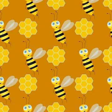 Seamless pattern with bees and honeycombs on brown background. Small wasp イラスト素材