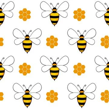 Seamless pattern with bees and honeycombs on white background. Small wasp Stock Illustration