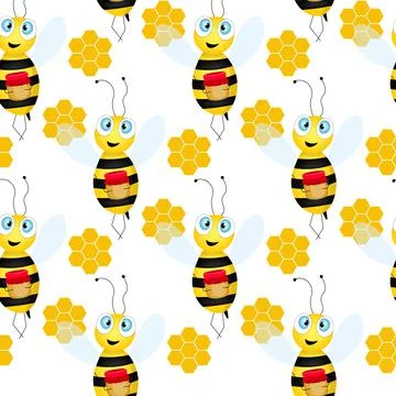 Seamless pattern with bees and honeycombs on white background. Small wasp 库存插图