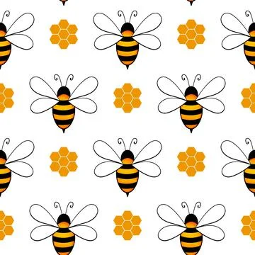 Seamless pattern with bees and honeycombs on white background. Small wasp Stock Illustration