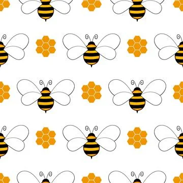 Seamless pattern with bees and honeycombs on white background. Small wasp Stock Illustration
