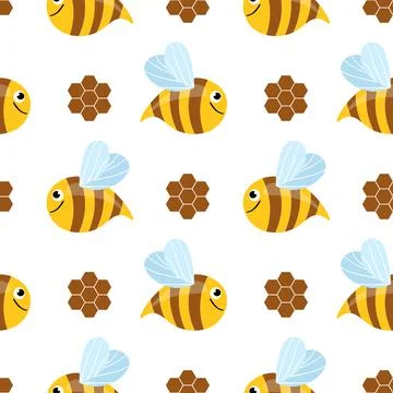 Seamless pattern with bees and honeycombs on white background. Small wasp 库存插图