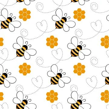 Seamless pattern with bees and honeycombs on white background. Small wasp Stock Illustration