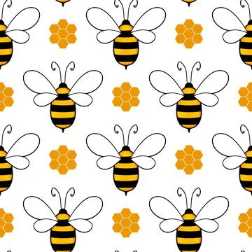 Seamless pattern with bees and honeycombs on white background. Small wasp イラスト素材