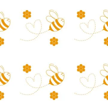 Seamless pattern with bees and honeycombs on white background. Small wasp Stock Illustration