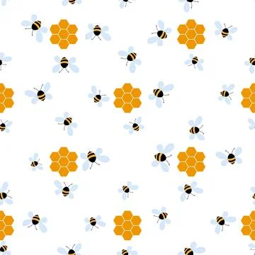 Seamless pattern with bees and honeycombs on white background. Small wasp Stock Illustration