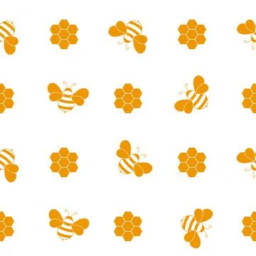 Seamless pattern with bees and honeycombs on white background. Small wasp Stock Illustration